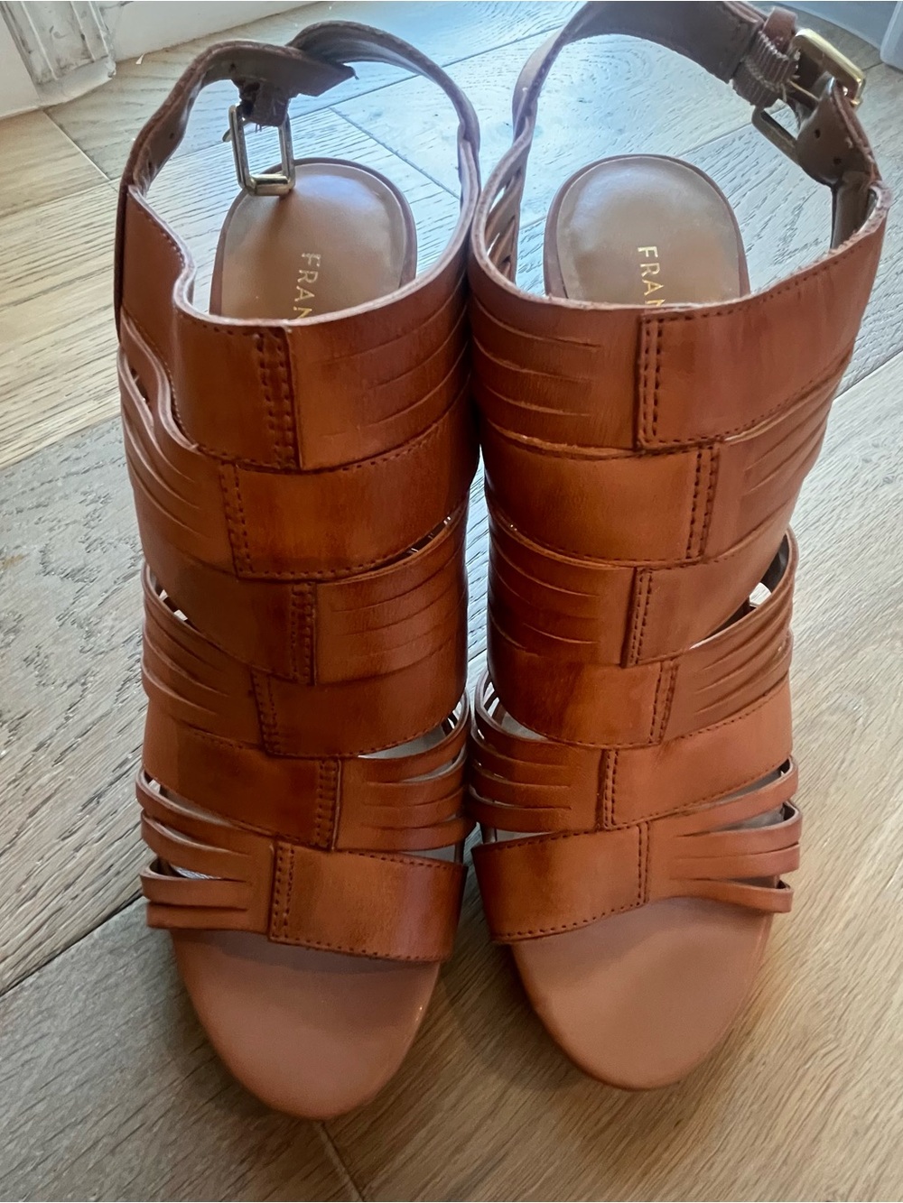 Franco Sarto Cognac Brown Leather Strappy Heeled Sandals